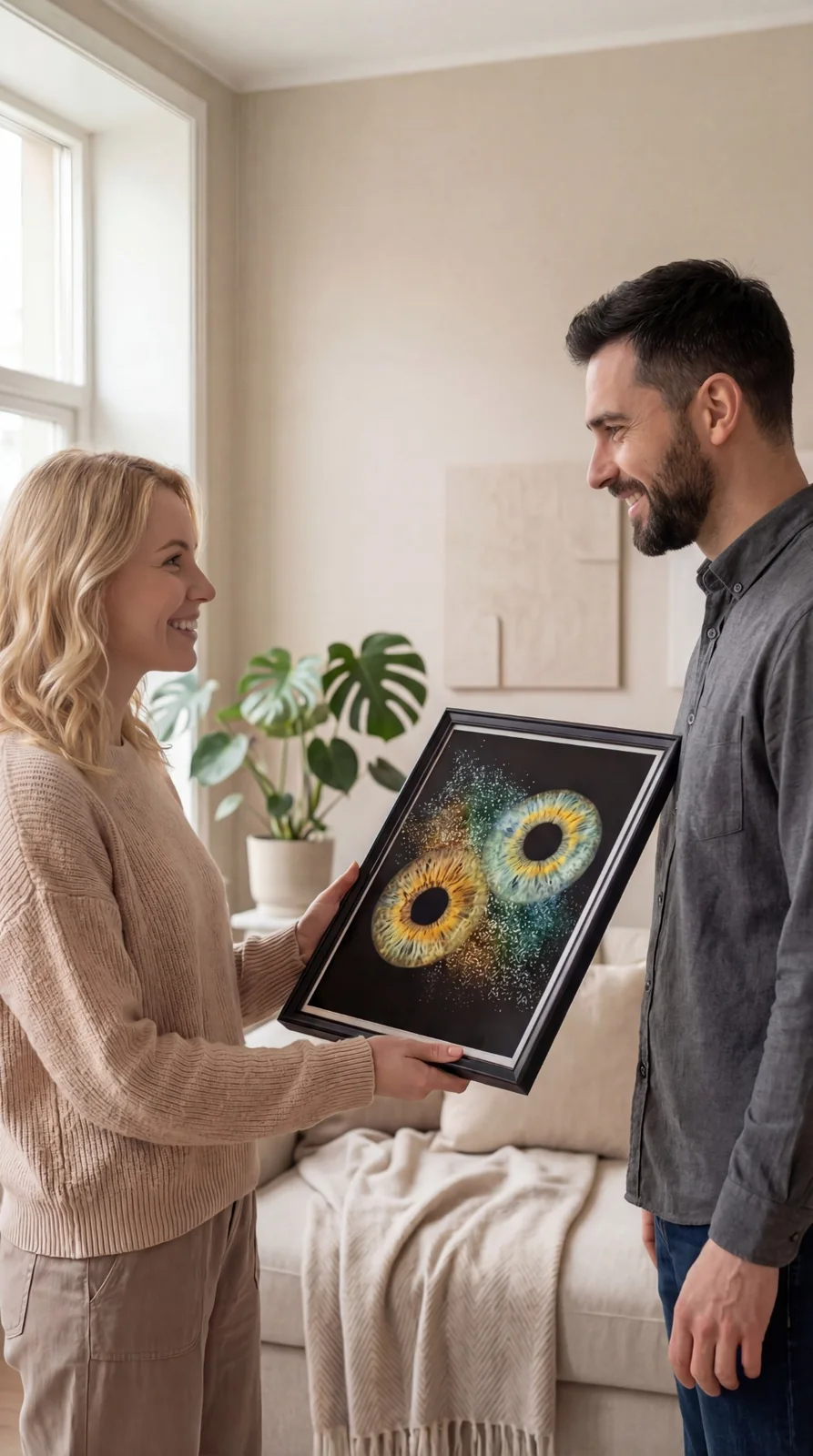 Personalised iris artwork being given as a gift to a partner — online iris photography alternative for Boston