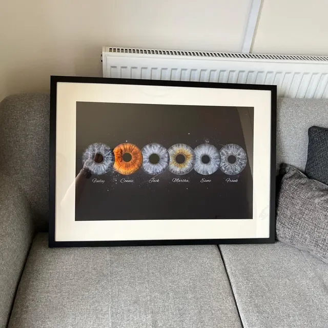 Printed family iris artwork with several personalised irises — online iris photography alternative for Bristol