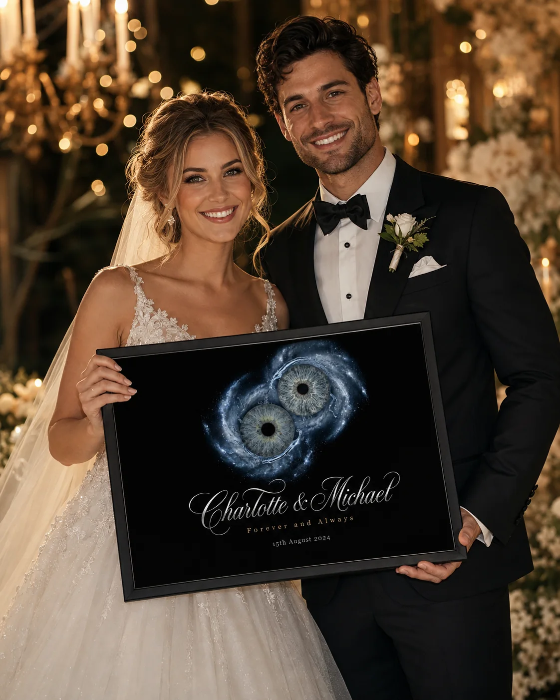 Wedding couple holding personalised iris artwork — online iris photography alternative for Miami