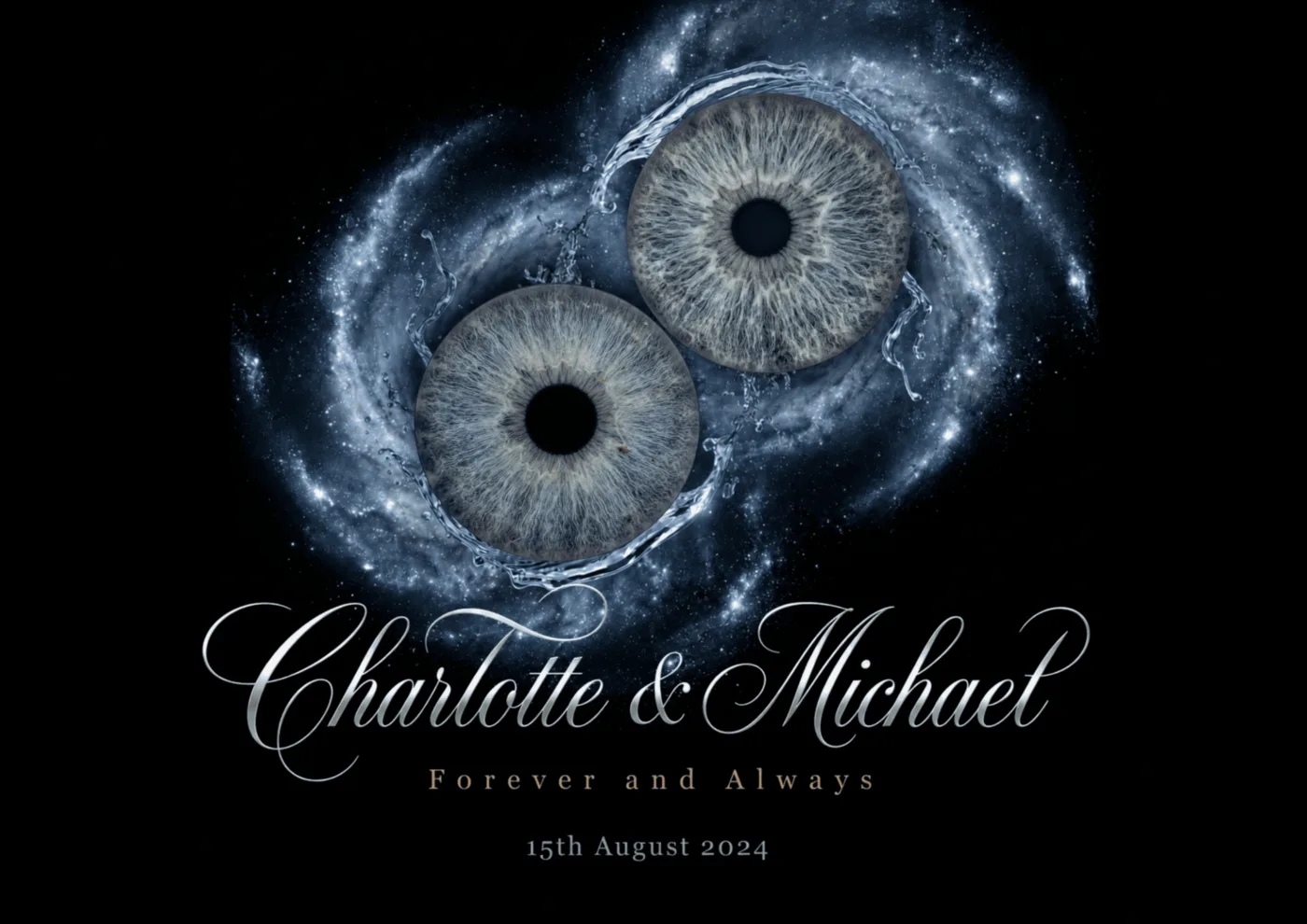 Anniversary iris art with couple names, a short message and date