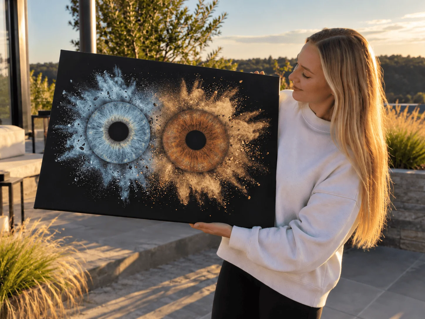 Woman holding a large printed couple iris artwork with blue and brown irises