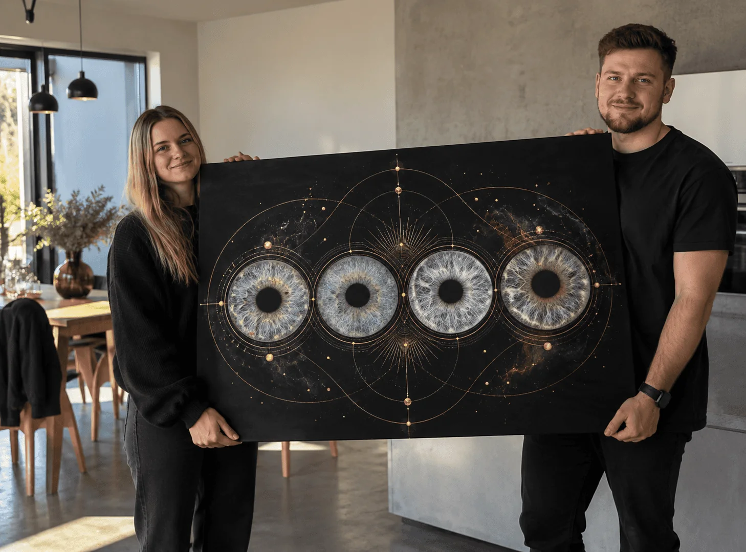Couple holding a large family iris art print with four irises