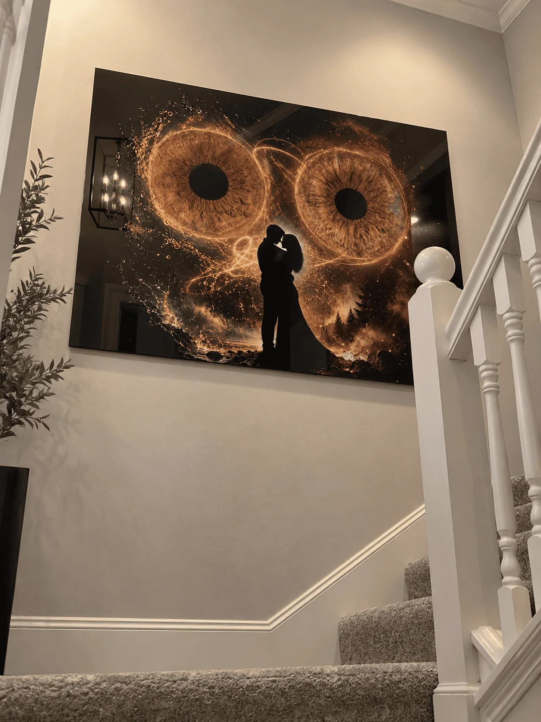 Large warm-toned couple iris wall art print displayed above a staircase