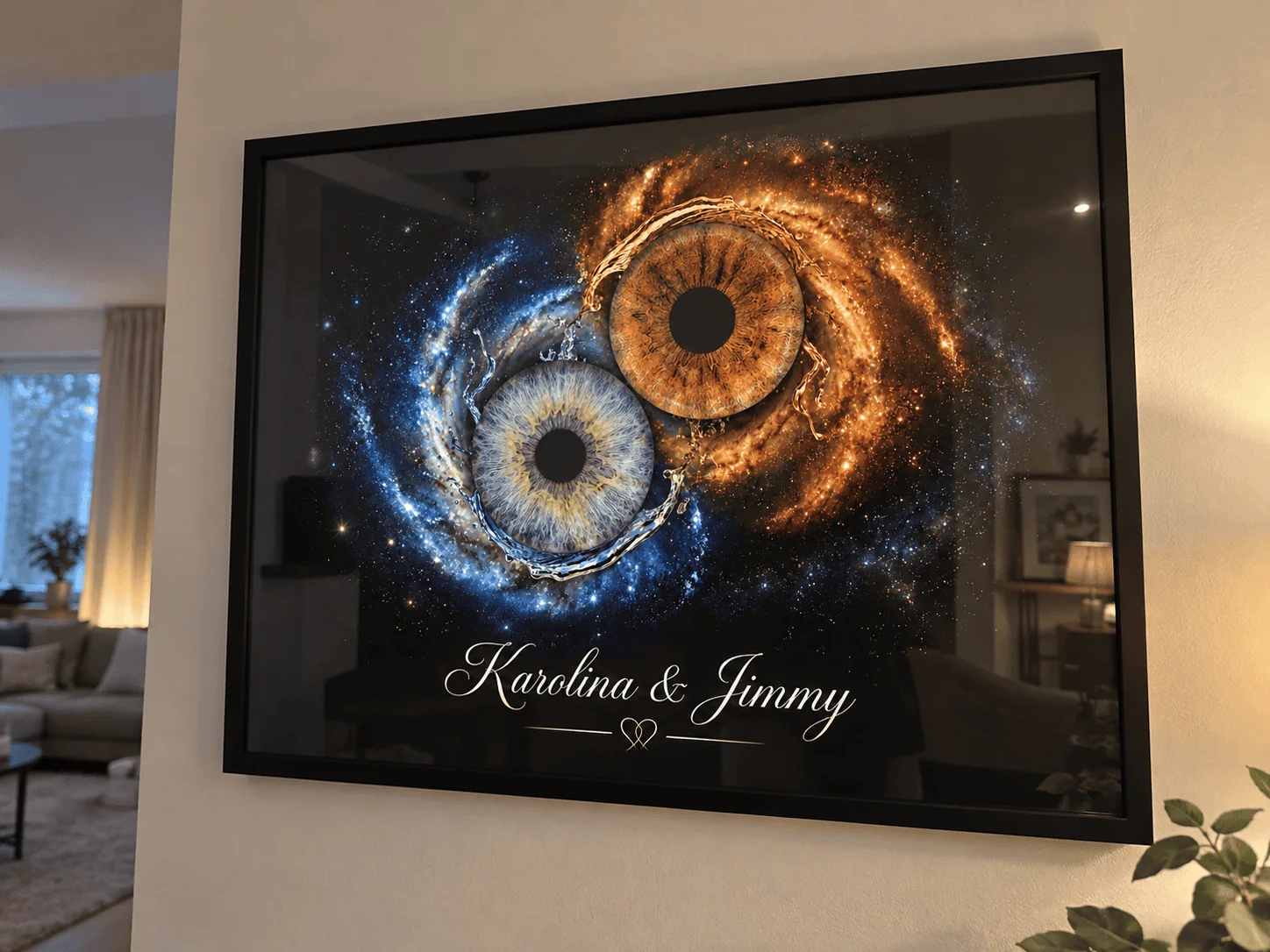 Framed personalised couple iris wall art with the names Karolina and Jimmy