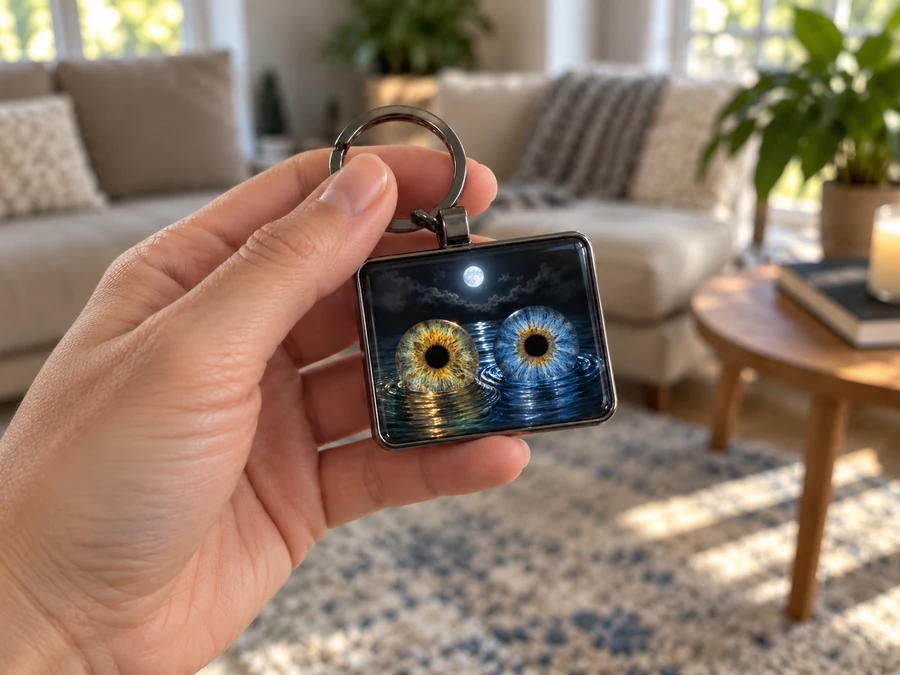 Personalised couple iris art printed on a rectangular keychain held in a hand