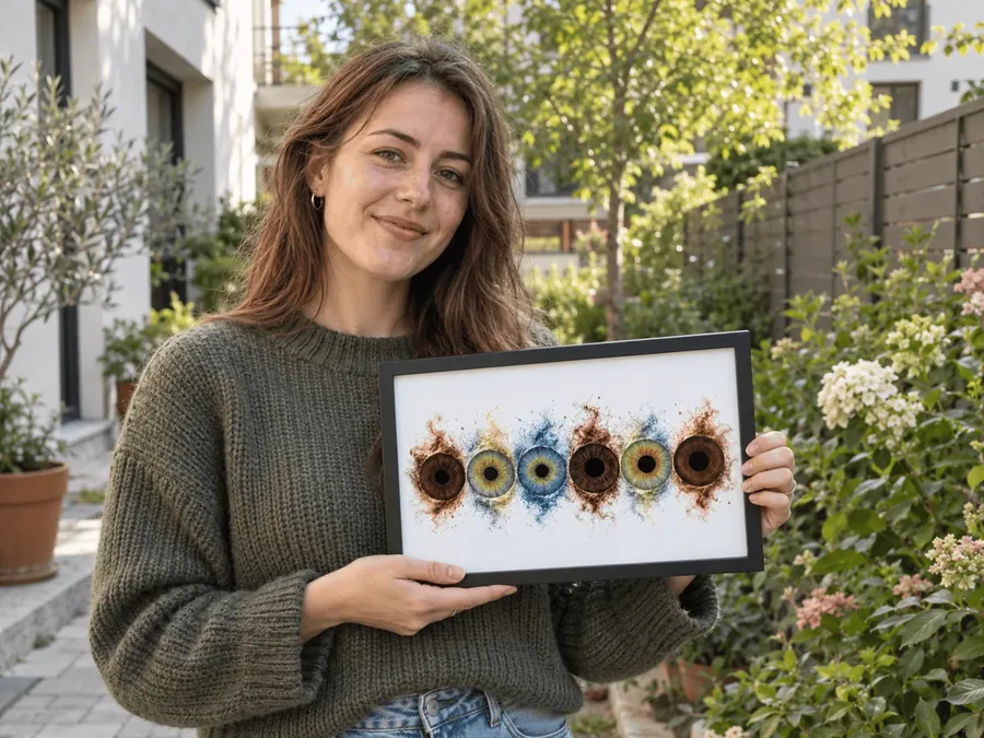 Woman holding a framed six-iris family art print outdoors