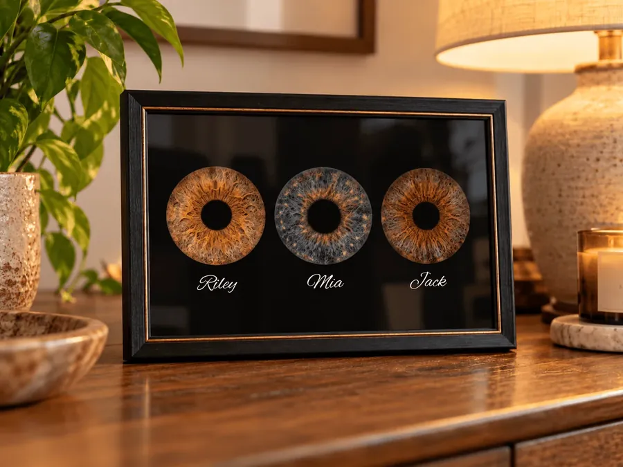 Framed three-iris family art with the names Riley, Mia and Jack