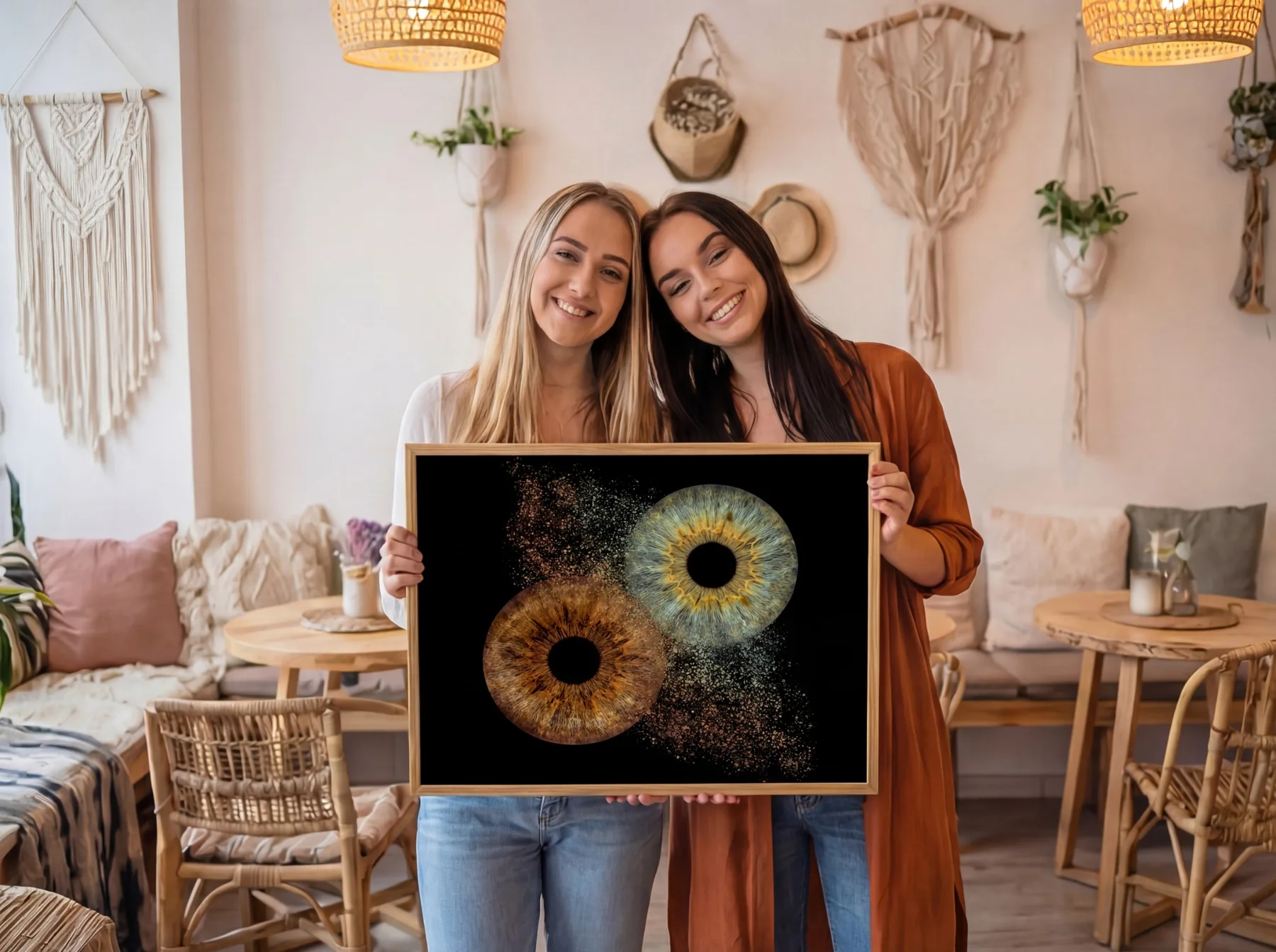 Customers holding a personalised iris portrait