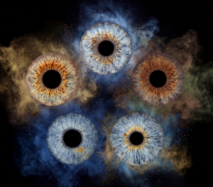 Personalized online custom family nebula eyes artwork featuring five unique irises merged into a cosmic constellation nebula veil effect, swirling stardust veils glowing stellar rings ethereal cosmic mist around central infinite black void, family eye galaxy portrait symbolizing eternal kinship shared destiny timeless heritage bloodline legacy, surreal personalized cosmic iris art with natural eye colors transformed into living nebula galaxy universe, custom five irises family constellation design for profound unity and unbreakable bond.