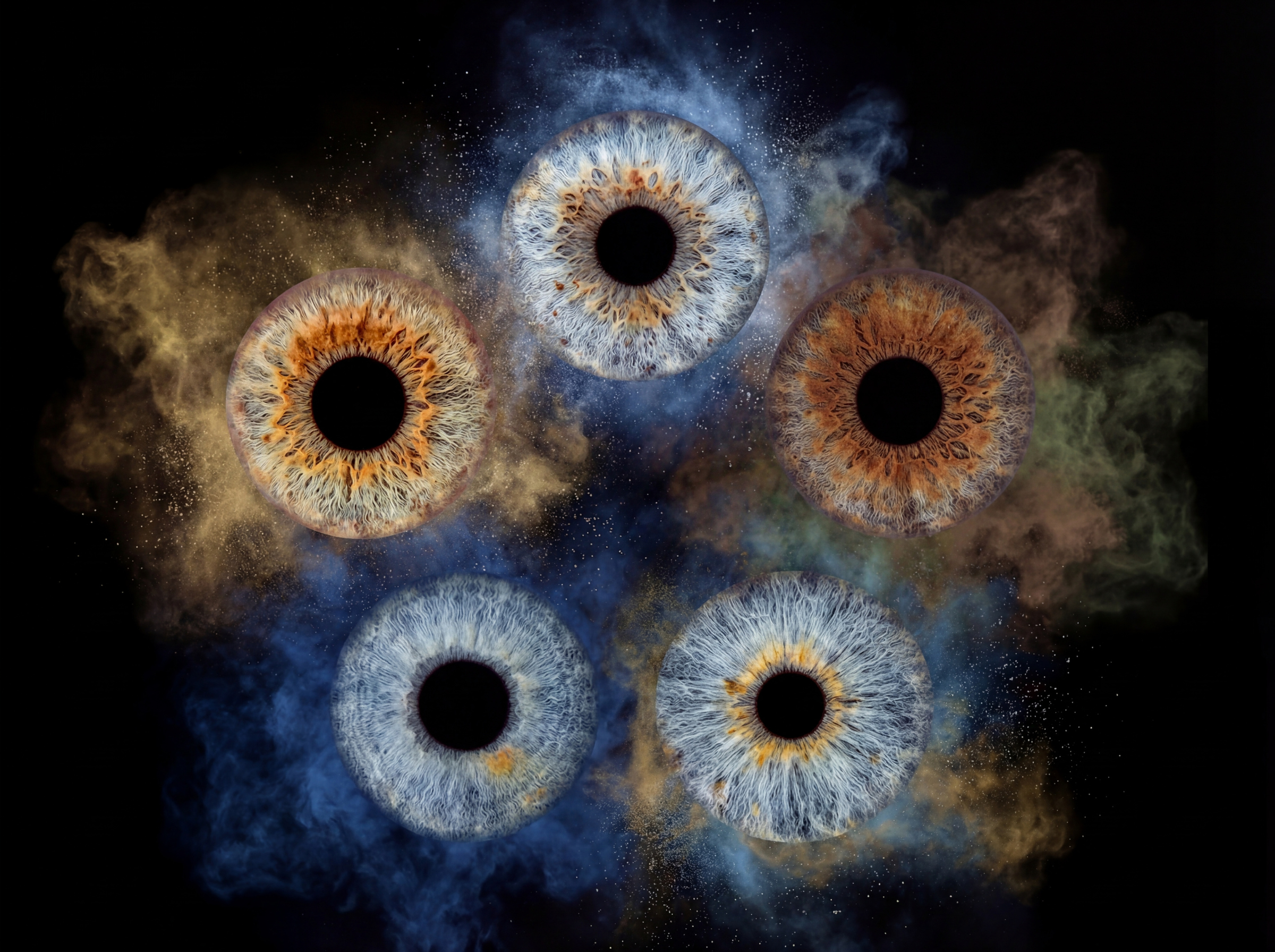 Personalized online custom family nebula eyes artwork featuring five unique irises merged into a cosmic constellation nebula veil effect, swirling stardust veils glowing stellar rings ethereal cosmic mist around central infinite black void, family eye galaxy portrait symbolizing eternal kinship shared destiny timeless heritage bloodline legacy, surreal personalized cosmic iris art with natural eye colors transformed into living nebula galaxy universe, custom five irises family constellation design for profound unity and unbreakable bond.