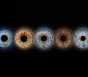 Personalized online custom family nebula eyes artwork horizontal lineage five unique irises arranged in a straight row constellation, cosmic nebula horizon effect with swirling stardust veils glowing stellar rings ethereal cosmic mist starry dark space background connecting natural eye colors blue amber hazel green brown into seamless flowing galaxy strip, family eye galaxy portrait symbolizing eternal kinship shared destiny timeless heritage bloodline legacy unbreakable generational bond, surreal personalized cosmic iris art transforming real eyes into living nebula universe horizontal band, custom five irises family lineage horizon design online iris nebula effect for profound unity cosmic kinship family eye portrait print digital art generational flow.