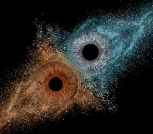 Powerful "Iris Art" artwork "Unleashed": two human eye irises (dark brown and light blue) unleashed into a dramatic brown and blue dust explosion on a black background. This meaningful piece is part of the iris art online collection, symbolizing freedom, energy, and transformation. Order your online iris art now.