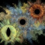 Powerful "Iris Art online" artwork: three human eye irises (blue, brown, yellowish) unleashed into a dramatic brown, blue, and yellowish dust explosion against a black background. This meaningful piece is part of the iris art online collection, symbolizing freedom, energy, and transformation. Order your online iris art now.