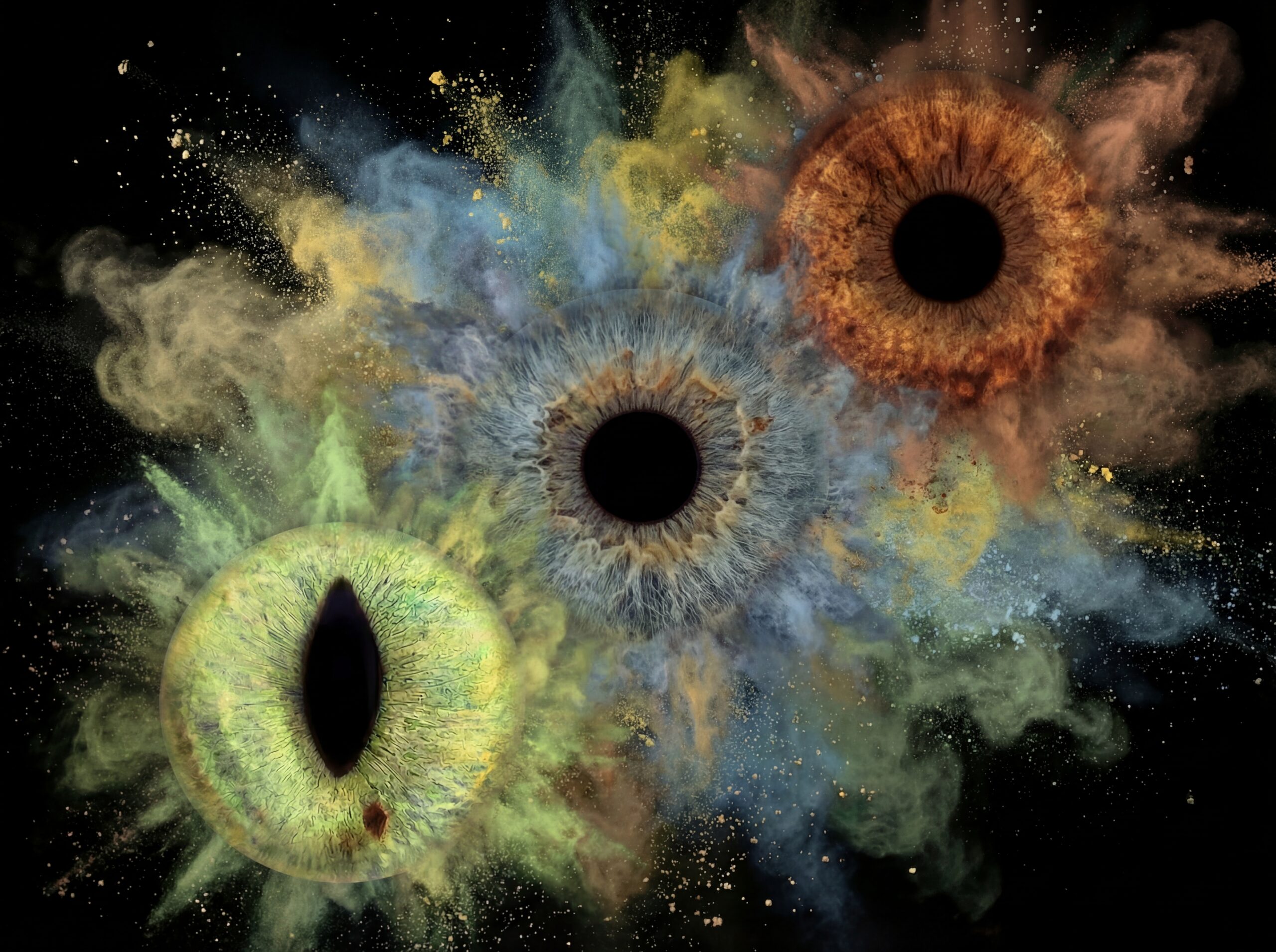 Powerful "Iris Art online" artwork: three human eye irises (blue, brown, yellowish) unleashed into a dramatic brown, blue, and yellowish dust explosion against a black background. This meaningful piece is part of the iris art online collection, symbolizing freedom, energy, and transformation. Order your online iris art now.