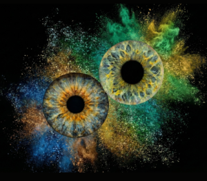 Vibrant "Iris Photography" artwork "Vibrant Soul": two human eye irises (blue and yellowish-brown) surrounded by a powerful blue and greenish smoke and dust explosion effect against a black background. This is unique iris art online, transforming the beauty of your eyes into a colorful masterpiece. The online iris service allows you to order such personalized artworks online.