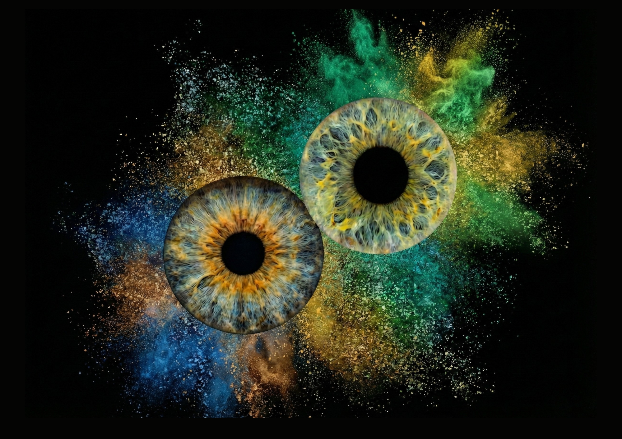 Vibrant "Iris Photography" artwork "Vibrant Soul": two human eye irises (blue and yellowish-brown) surrounded by a powerful blue and greenish smoke and dust explosion effect against a black background. This is unique iris art online, transforming the beauty of your eyes into a colorful masterpiece. The online iris service allows you to order such personalized artworks online.