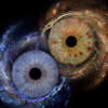 Popular "Iris Art online" piece "Starborn Bond": two human eye irises (blue and greenish-brown) joined into a cosmic Yin and Yang symbol against a galaxy background. This meaningful piece is part of the iris art online collection, symbolizing the connection of souls. Order your online iris scan now and create a spiritual accent for your home.