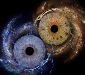 Popular "Iris Art online" piece "Starborn Bond": two human eye irises (blue and greenish-brown) joined into a cosmic Yin and Yang symbol against a galaxy background. This meaningful piece is part of the iris art online collection, symbolizing the connection of souls. Order your online iris scan now and create a spiritual accent for your home.
