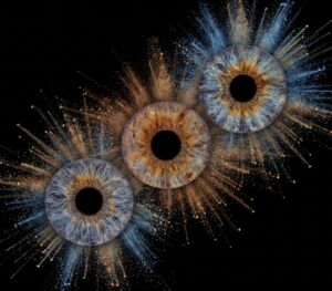 Luxurious "Iris Photography" artwork: three human eye irises (brown, grey-blue, yellowish-brown) surrounded by a powerful stardust explosion in gold and bluish tones against a black background. This is unique iris art online, transforming the beauty of your eyes into a majestic legacy. The online iris service allows you to order such personalized artworks online.