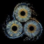 Vibrant grey-blue macro art of three human eye irises (brown, grey-blue, blue) merged with a dynamic water splash and droplet effect on a black background. This meaningful piece is part of the iris art online collection, symbolizing natural life and spiritual purity. Order your online iris scan now.