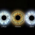 Minimalist and natural "Iris Art online" composition: three human eye irises (blue, brown, yellowish-brown) forming a vibrant infinity symbol on a black background. This meaningful piece is part of the iris art online collection, symbolizing eternal connection. Order your online iris scan now.