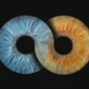 Minimalist and natural "Iris Art online" composition "Infinite Us": two human eye irises (blue and yellowish-brown) forming an infinity symbol on a black background. This meaningful piece is part of the iris art online collection, symbolizing eternal connection. Order your online iris scan now and create a spiritual accent for your home.