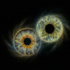 Mystical Yin and Yang symbol from two human eye irises (blue and yellowish) enveloped by a mysterious smoke and mist effect on a black background. This meaningful piece is part of the iris art online collection, symbolizing soul harmony. Order your online iris scan now and create a spiritual accent for your home.