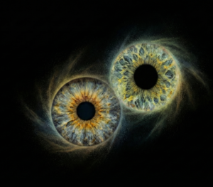 Mystical Yin and Yang symbol from two human eye irises (blue and yellowish) enveloped by a mysterious smoke and mist effect on a black background. This meaningful piece is part of the iris art online collection, symbolizing soul harmony. Order your online iris scan now and create a spiritual accent for your home.
