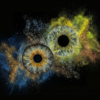Soft "Iris Art online" piece "Soft Collision": two human eye irises (brown and light grey) surrounded by a powerful yellowish and bluish dust cloud effect against a black background. This meaningful piece is part of the iris art online collection, symbolizing soul harmony and spiritual connection. Order your online iris scan now.