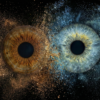 Popular "Iris Art online" piece "Eternal Spark": two human eye irises (brown and light grey) surrounded by a powerful blue and yellowish dust cloud effect against a black background. This meaningful piece is part of the iris art online collection, symbolizing eternal love and spiritual connection. Order your online iris scan now.