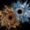 Dramatic Yin and Yang symbol from two contrasting human eye irises (dark brown and light grey) joined by a spectacular blue and brown smoke explosion on a black background. This iris art online piece is a popular choice for couples, symbolizing the power of their love and connection. The online iris service allows you to order such personalized artworks online.