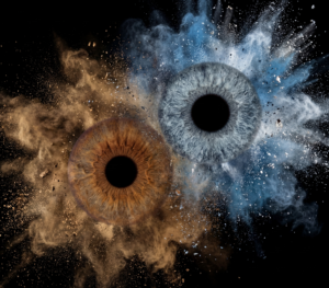Dramatic Yin and Yang symbol from two contrasting human eye irises (dark brown and light grey) joined by a spectacular blue and brown smoke explosion on a black background. This iris art online piece is a popular choice for couples, symbolizing the power of their love and connection. The online iris service allows you to order such personalized artworks online.
