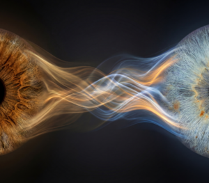 Grand "Iris Art online" artwork "Soul Strings": two human eye irises (brown and blue) joined by vibrant energy streams and spiritual string motifs against a black background. This meaningful piece is part of the iris art online collection, symbolizing the connection of souls. The online iris service allows you to order such personalized artworks online.