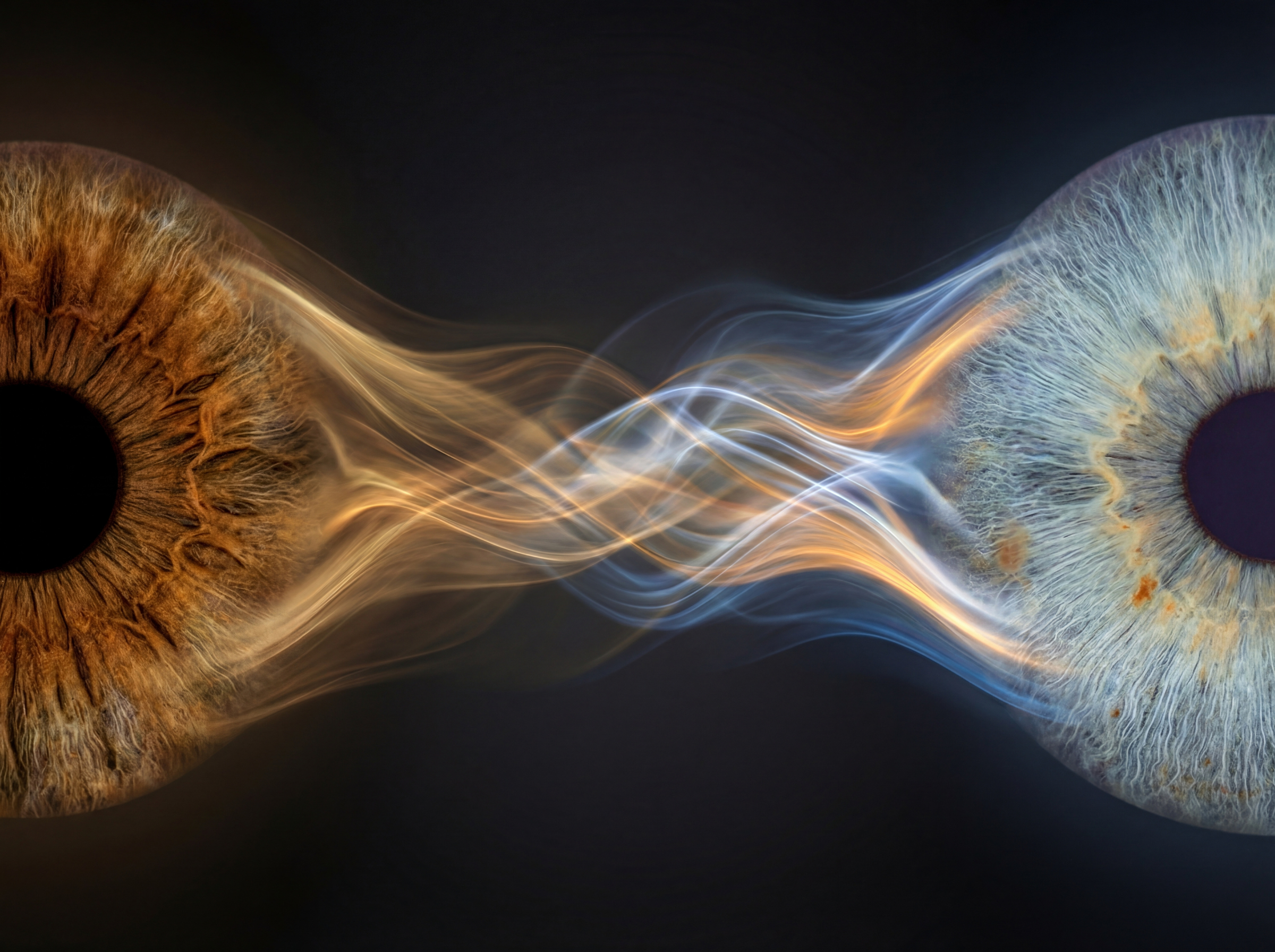 Grand "Iris Art online" artwork "Soul Strings": two human eye irises (brown and blue) joined by vibrant energy streams and spiritual string motifs against a black background. This meaningful piece is part of the iris art online collection, symbolizing the connection of souls. The online iris service allows you to order such personalized artworks online.