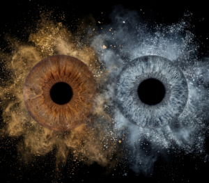 Luxurious "Iris Photography" artwork "Stardust Legacy": two human eye irises (dark brown and light grey) surrounded by a powerful stardust explosion in gold and silver tones on a black background. This is unique iris art online, transforming the beauty of your eyes into a majestic legacy. The online iris service allows you to order such personalized artworks online.