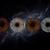 Four distinct human eye irises arranged horizontally against a mysterious background of galaxies and spiritual nebulae. This online iris piece highlights the unique, spiritual connection between loved ones, transforming their gazes into an eternal work of art. Our online irises service allows you to create such a meaningful iris art online masterpiece online, preserving the individuality of each eye.
