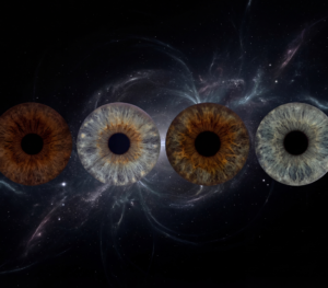 Four distinct human eye irises arranged horizontally against a mysterious background of galaxies and spiritual nebulae. This online iris piece highlights the unique, spiritual connection between loved ones, transforming their gazes into an eternal work of art. Our online irises service allows you to create such a meaningful iris art online masterpiece online, preserving the individuality of each eye.