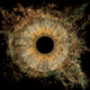 Unique yellowish-brown human eye iris macro art with a powerful dusty particle explosion effect on a black background. This meaningful piece is part of the iris art online collection, symbolizing inner fire and energy. Order your online iris scan now and create an energetic accent for your home.