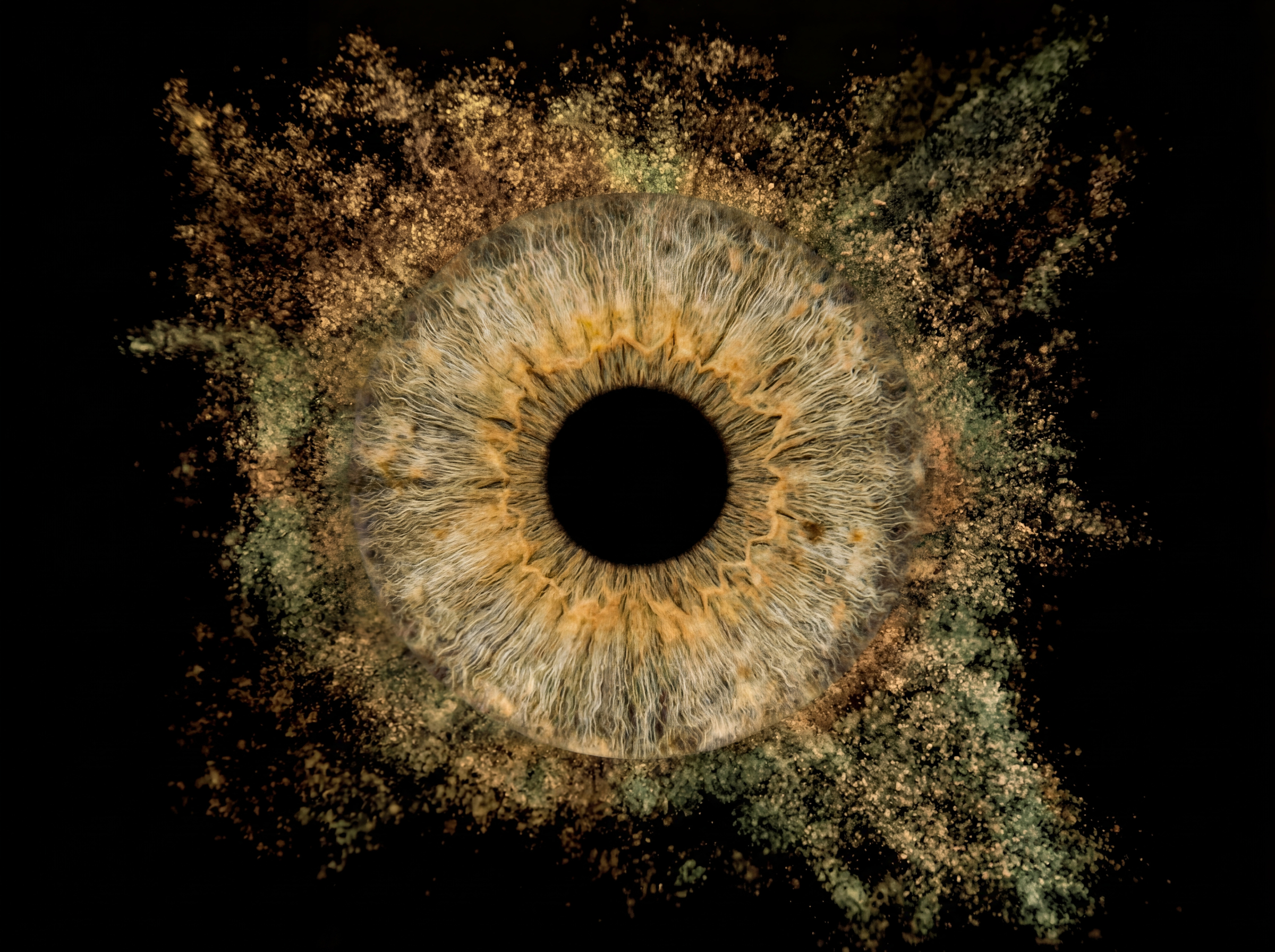 Unique yellowish-brown human eye iris macro art with a powerful dusty particle explosion effect on a black background. This meaningful piece is part of the iris art online collection, symbolizing inner fire and energy. Order your online iris scan now and create an energetic accent for your home.