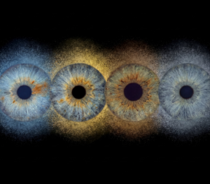Four bright and distinct human eye irises integrated into a dramatic and colorful explosion of dust and particles against a black background. This is unique iris art online, transforming the beauty of your eyes into an energetic and modern masterpiece. Use our online irises service and order such personalized iris art online online, reflecting the vitality of your group.