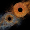 Dramatic "Iris Art" composition "Soul Fragment": two human eye irises (blue and amber) surrounded by a spectacular, contrasting smoke and dust explosion effect on a black background. This iris art online piece symbolizes spiritual searches and the merging of soul fragments. The online iris service allows you to order such personalized artworks online.