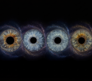 An elegant composition of four human eye irises, where each eye is integrated into a glowing swirl of stars and cosmic nebulae, creating a sense of infinity and grandeur. This online iris piece is a perfect iris art online gift symbolizing an eternal bond. A minimalist yet luxurious masterpiece, accessible through our online irises service.