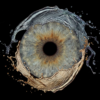 Vibrant greenish-brown human eye iris macro art merged with a dynamic water splash and droplet effect on a black background. This meaningful piece is part of the iris art online collection, symbolizing natural life and spiritual purity. Order your online iris scan now.