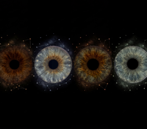 A unique Iris Art piece: four human eye irises arranged horizontally against a deep black background, surrounded by personalized constellation outlines and sparkling stars. This meaningful piece is part of the iris art online collection, symbolizing the souls' connection with the universe and astronomy. Order your online iris scan now and capture your gaze among the stars.