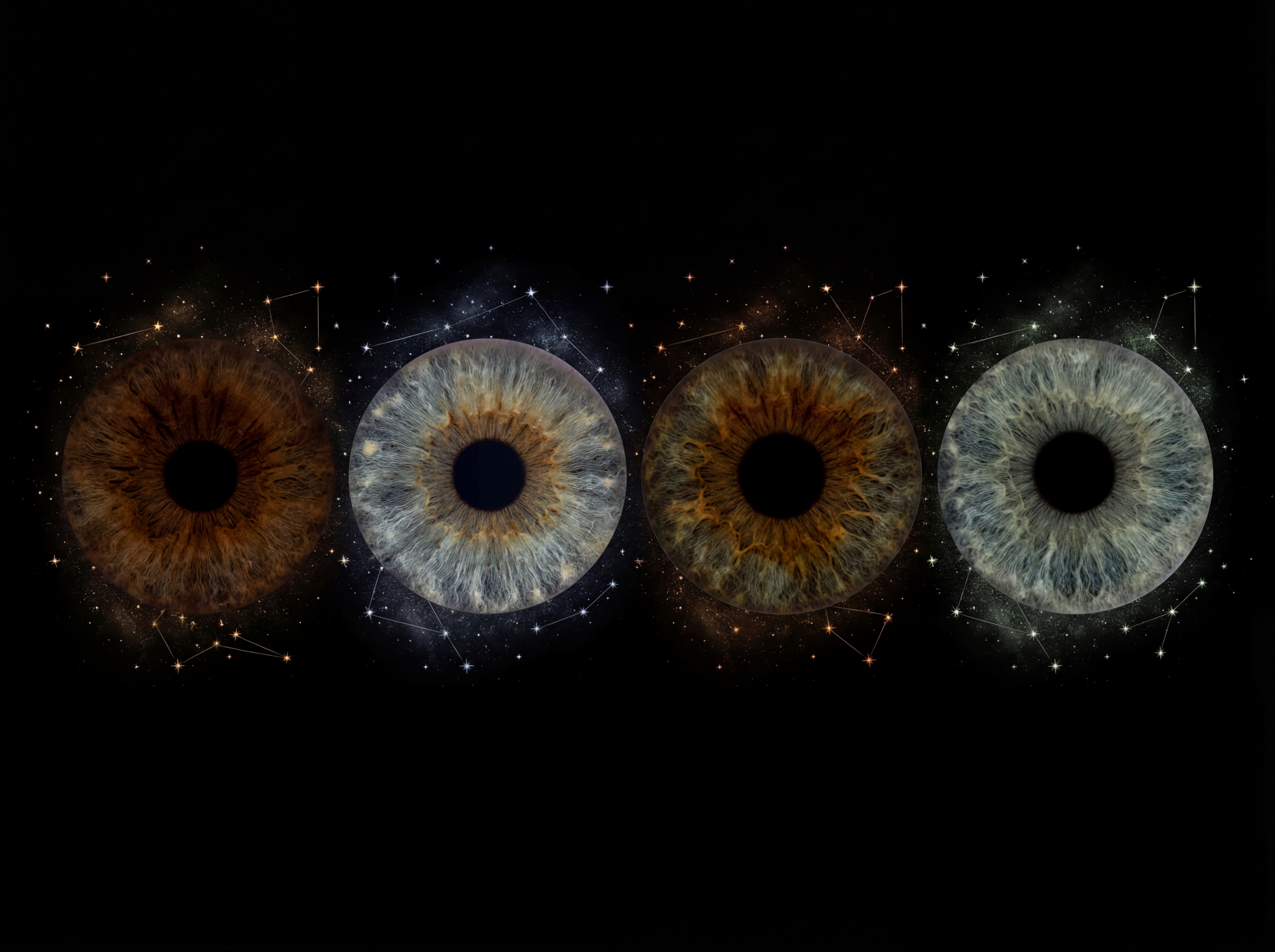 A unique Iris Art piece: four human eye irises arranged horizontally against a deep black background, surrounded by personalized constellation outlines and sparkling stars. This meaningful piece is part of the iris art online collection, symbolizing the souls' connection with the universe and astronomy. Order your online iris scan now and capture your gaze among the stars.