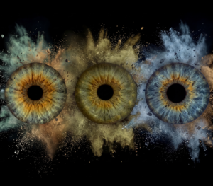 Three human eye irises (blue, brown, greenish) joined by a powerful yellowish and bluish dust explosion effect on a black background. This is unique iris art online, transforming the beauty of your eyes into an energetic and colorful masterpiece. The online iris service allows you to order such personalized artworks online.