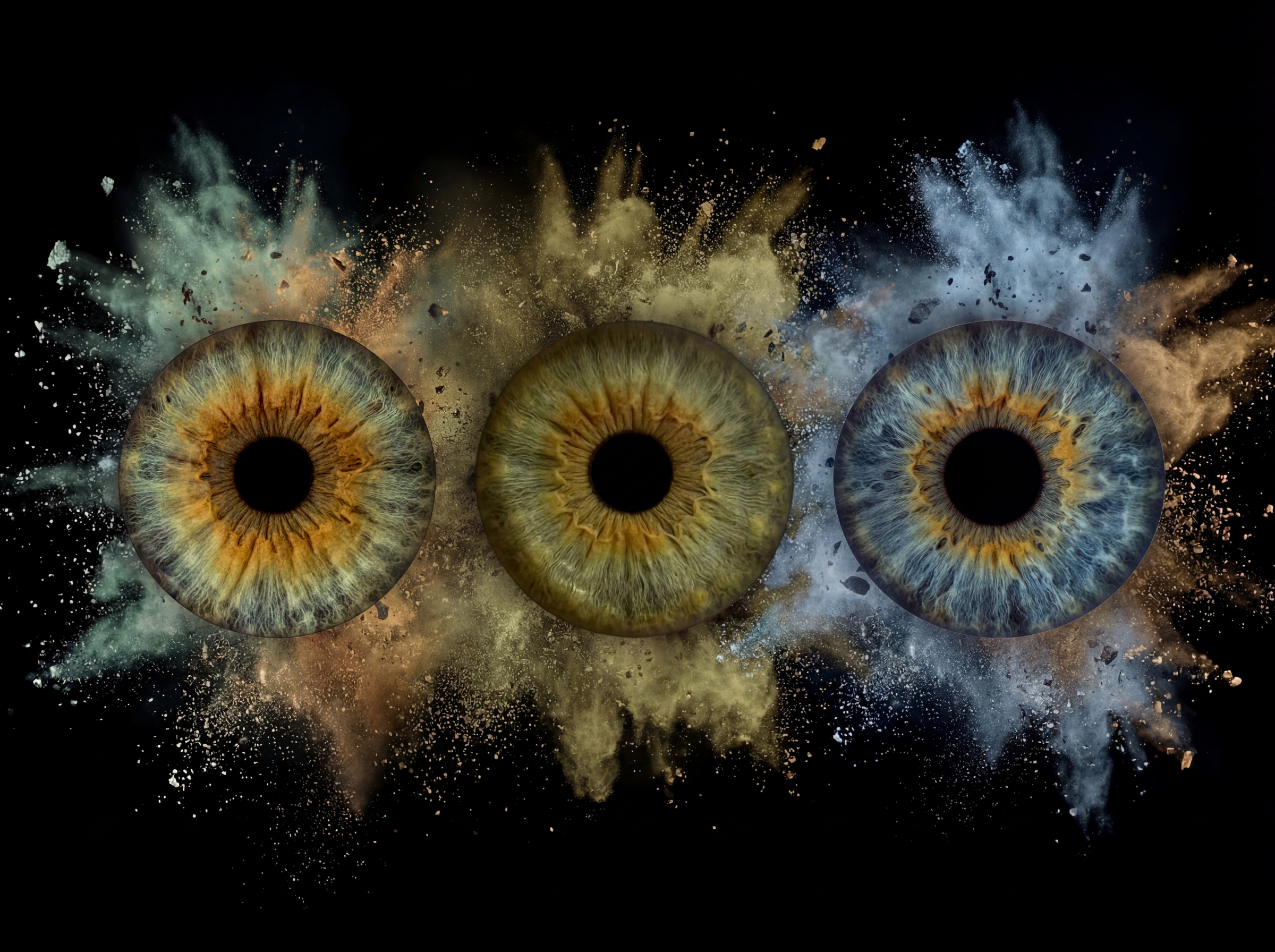 Three human eye irises (blue, brown, greenish) joined by a powerful yellowish and bluish dust explosion effect on a black background. This is unique iris art online, transforming the beauty of your eyes into an energetic and colorful masterpiece. The online iris service allows you to order such personalized artworks online.