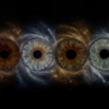 Artistic composition of four contrasting human eye irises (from dark brown to light grey) arranged horizontally. Each eye is integrated into a powerful galaxy and stardust swirl, echoing Yin and Yang philosophy, on a black background. This meaningful piece is part of the iris art online collection, symbolizing the communion of souls in the infinity of the universe. An exclusive online irises gift for a family or a group of friends.