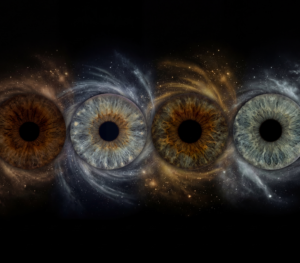 Artistic composition of four contrasting human eye irises (from dark brown to light grey) arranged horizontally. Each eye is integrated into a powerful galaxy and stardust swirl, echoing Yin and Yang philosophy, on a black background. This meaningful piece is part of the iris art online collection, symbolizing the communion of souls in the infinity of the universe. An exclusive online irises gift for a family or a group of friends.