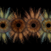 Four distinct human eye irises arranged horizontally in a mysterious swirl of colorful smoke and dust against a black background. Blue, brown, yellowish, and grey eyes are joined by powerful energy streams, symbolizing soul harmony. This meaningful piece is part of the iris art online collection, perfect for highlighting the spiritual bond between loved ones. Order your online iris scan now.